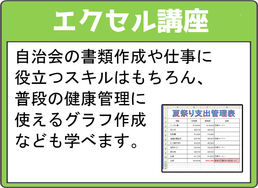 エクセル講座 自治会の書類作成や仕事に役立つスキルは持ちろん、普段の健康管理に使えるグラフ作成なども学べます。